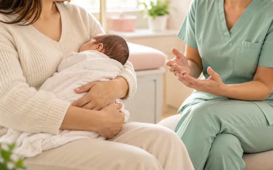 Matrona orientando a una madre que sostiene a su bebé