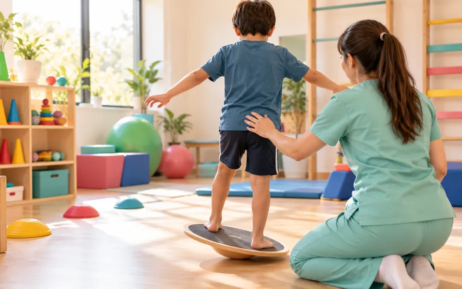 Niño haciendo un ejercicio de equilibrio guiado por una kinesióloga